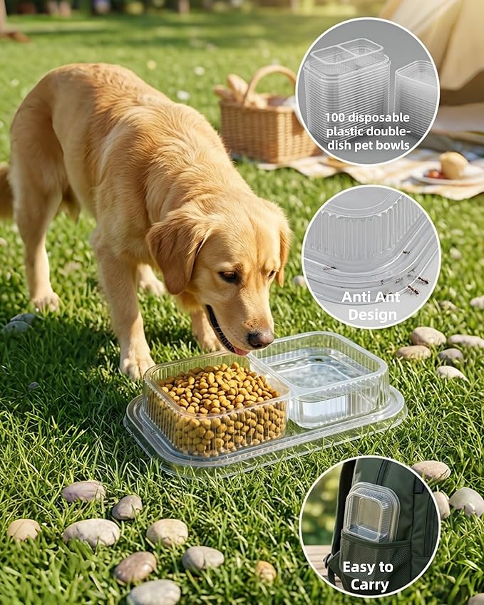 100 Pcs Disposable Pet Bowls, Plastic Double Dish, Anti-Ant, No Spill, Non-Slip, for Outdoor Small and Medium Dogs and Cats