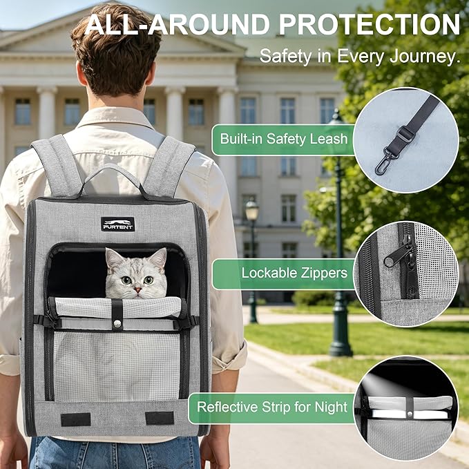 Pet Backpack Carrier for Small Dogs and Cats, Comfortable Portable Cat Bag for Travel Use with Ventilated Mesh, Safety Strap, and Easy-Clean Waterproof Fabric, Grey