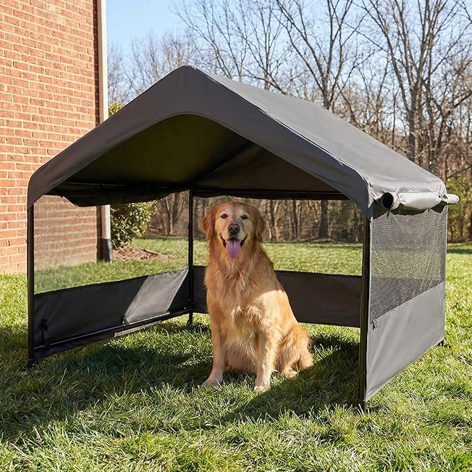 Dog Tent House Outdoor Shade 4'x4'x3' Shelter for Large Medium Pets,Outside Sun Rain Waterproof Canopy with Three-Sided Breathable Mesh Windows,Livestock House with Ground Nails,Dark Gray