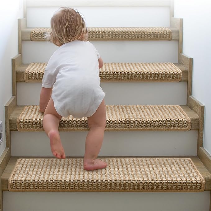 Brakki Bullnose Carpet Stair Treads, Stair Treads for Wooden Steps Indoor Runner and Pets, Non Slip Soft Edging Staircase Protectors, Washable, 29.5"x9.5"x1.5" 14pcs, Beige and Cream