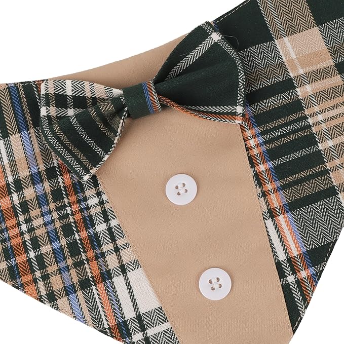 ADOGGYGO Brown Dog Tuxedo, Plaid Pet Bowtie Collar, Adjustable Brown Plaid Bandana for Small Dogs (S)