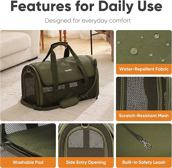 FUKUMARU Cat Carrier, Light & Airy Pet Carrier, 18x11x11 Airline Approved Dog Carrier for Small Dogs, Collapsible Soft Cat Travel Carrier with Anti-Scratch Mesh, Green