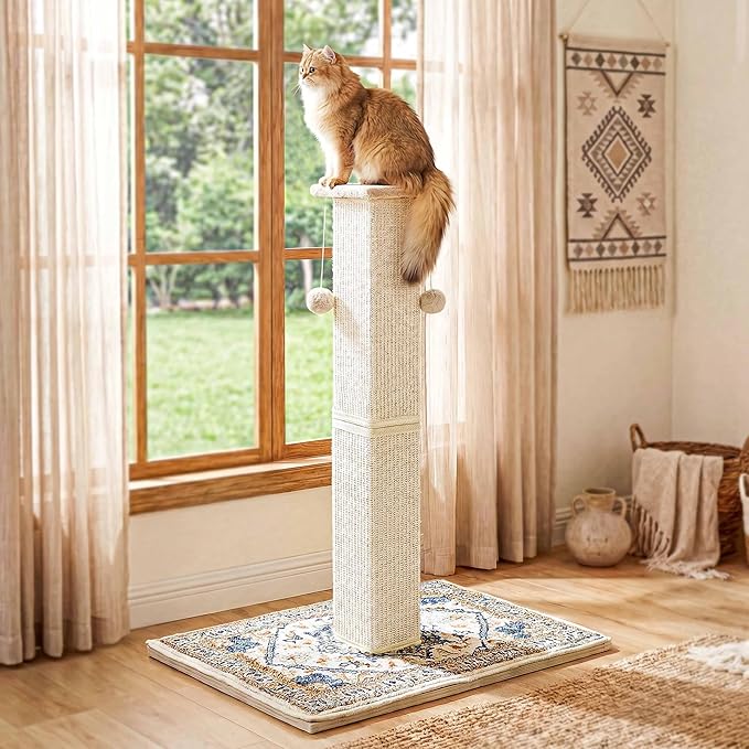 Tall Cat Scratching Post for Indoor Cats Adults, 33'' Large Cat Scratch Post with Perch, Cute Cat Scratching Post with Boho Carpet ＆ Dangling Ball Toys, White