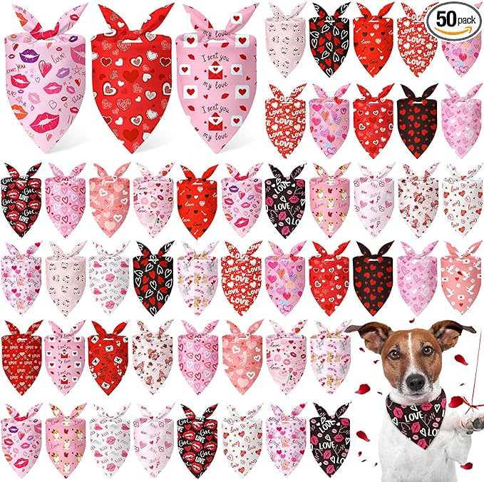 Abbylike 50 Pcs Valentines Day Dog Bandanas Bulk Red and Pink Bandanas for Dogs Triangle Kerchief Bibs Scarf for Pet Romantic Costume Photo Props Accessories Pet Shops Groomers (25.6 x 17.7 x 17.7)