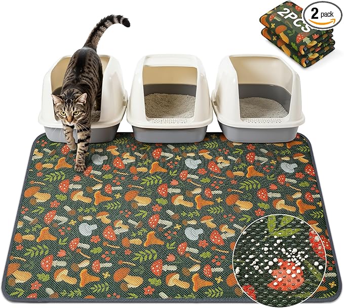Unicorn Catcher 40X30in 2packCat Litter Mat Machine Washable Soft 3D Air Mesh Litter Box Rug Non-Slip Backing Quick Dry Scatter Control for Paws,Green Mushrooms