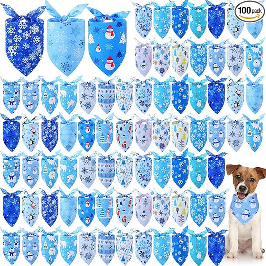 Abbylike 100 Pcs Winter Dog Bandanas Bulk Blue Snowflake Bandanas for Dogs Triangle Kerchief Bibs Scarf Set for Pet Winter Costume Photo Props Accessories Pet Shops, 25 Styles(31.5 x 21.7 x 21.7 Inch)