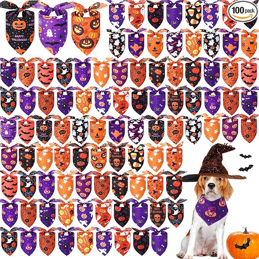 Abbylike 100 Pcs Halloween Dog Bandanas Bulk Pumpkin Bandanas for Dogs Triangle Kerchief Bibs Scarf Set for Pet Halloween Costume Photo Props Accessories Pet Shops, 25 Styles (31.5 x 21.7 x 21.7)