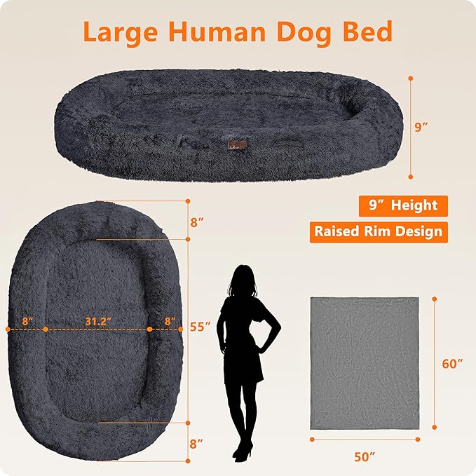 Human Dog Bed Fits Adult & Pets, Reversible Orthopedic Gel Memory Foam Cushion, Washable Long Plush, Plump Edge with Blanket, Storage Pocket, 71"x47.2"x9", Extra Large, Graphite Grey