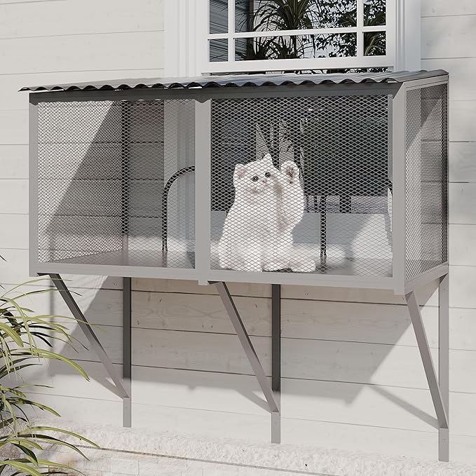 ROOMTEC Cat Window Catio Metal Sturdy Cat Enclosure for Cats Waterproof Roof Cat Perch with Insect Net Cat Cage for Safely Enjoying the Outdoor Sights Scents and Napping,Grey