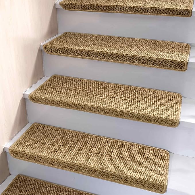 Brakki Bullnose Carpet Stair Treads, Non Slip Stair Treads for Wooden Steps Indoor Runner, Soft Rugs for Pets, Edging Protectors, Washable, 29.5"x9.5"x1.5" 7pcs, Beige