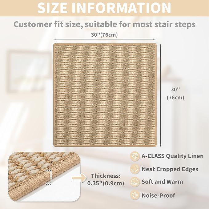 Brakki Bullnose Carpet Stair Treads, Non Slip Landing Mat for Wooden Steps Indoor, Soft Stair Rugs for Pets, Indoor Doormat for Kitchen Bathroom, Washable, 30"x30" 1pc, Beige and Cream