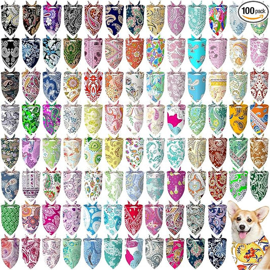 Huhumy 100 Pcs Paisley Dog Bandanas Bulk Pet Bibs Colorful Triangle Scarf Pet XL Paisley Bandanas for Medium Large Dogs Spring Summer Birthday Costume Decor