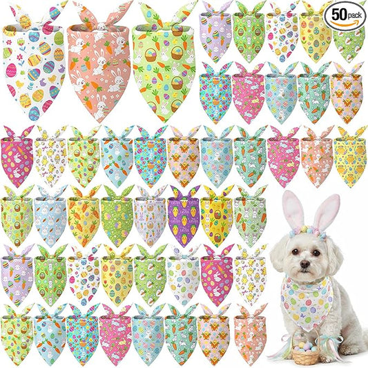 Abbylike 50 Pcs Spring Dog Bandanas Bulk Bunny Egg Carrot Bandanas for Dogs Triangle Kerchief Bibs Scarf Set for Pet Easter Costume Photo Props Accessories Pet Shops, 25 Styles (19.7 x 13.8 x 13.8)