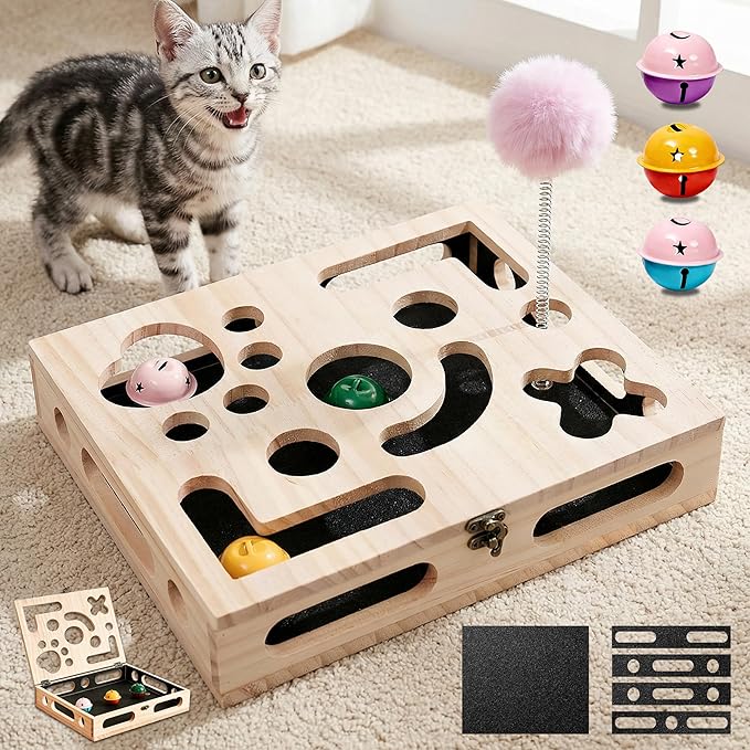 Large Solid Wood Cat Nail File Enrichment Box, Cat Scratch Puzzle Enrichment Box with Flip Lid Lock, Sandpaper Scratcher, 3 Bells & Cat Wand, Alternative to Clippers and Grinders
