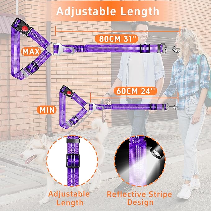 Seyezo 3-Piece Dog Car Harness Set - Retractable, Adjustable, Reflective Dog Seatbelt for Vehicle Headrests, Heavy Duty & High Elastic, Purple