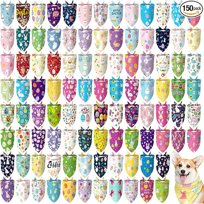 Huhumy 150 Pcs Easter Dog Bandanas Bulk Pet Bibs Colorful Triangle Scarf Pet Bandanas for Medium Large Dogs Easter Festival Spring Summer Birthday Costume Decor