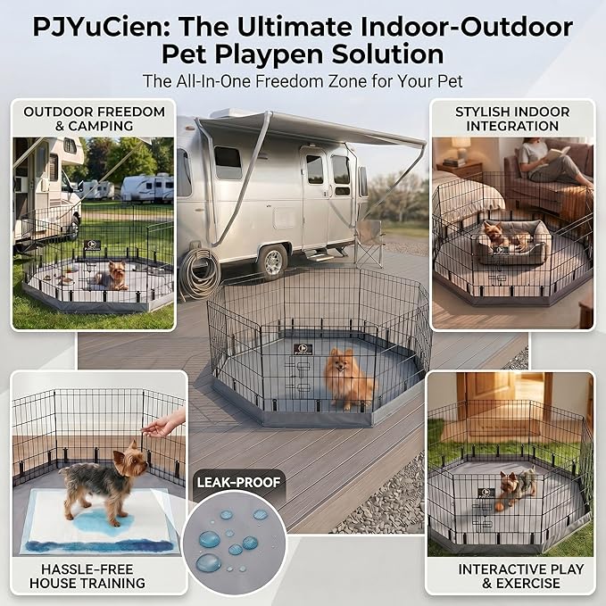 PJYuCien Octagonal Dog Playpen with Bottom Pad - Metal Foldable Exercise Pen, 8 Panels 24" H x 24" W Indoor Outdoor Pet Fence Puppy Crate Kennel, Gray