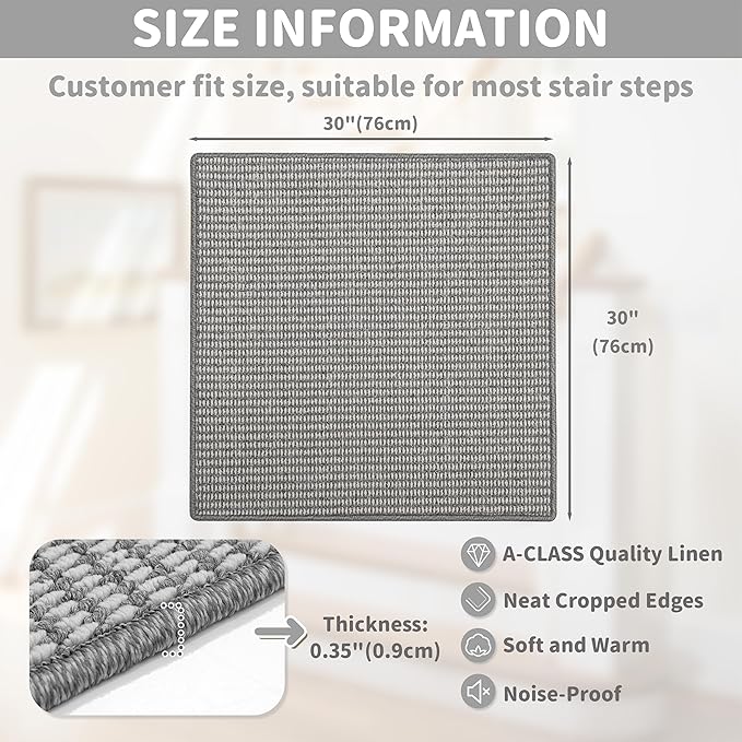 Brakki Bullnose Carpet Stair Treads, Non Slip Landing Mat for Wooden Steps Indoor, Soft Stair Rugs for Pets, Indoor Doormat for Kitchen Bathroom, Washable, 30"x30" 1pc, Grey and Cream
