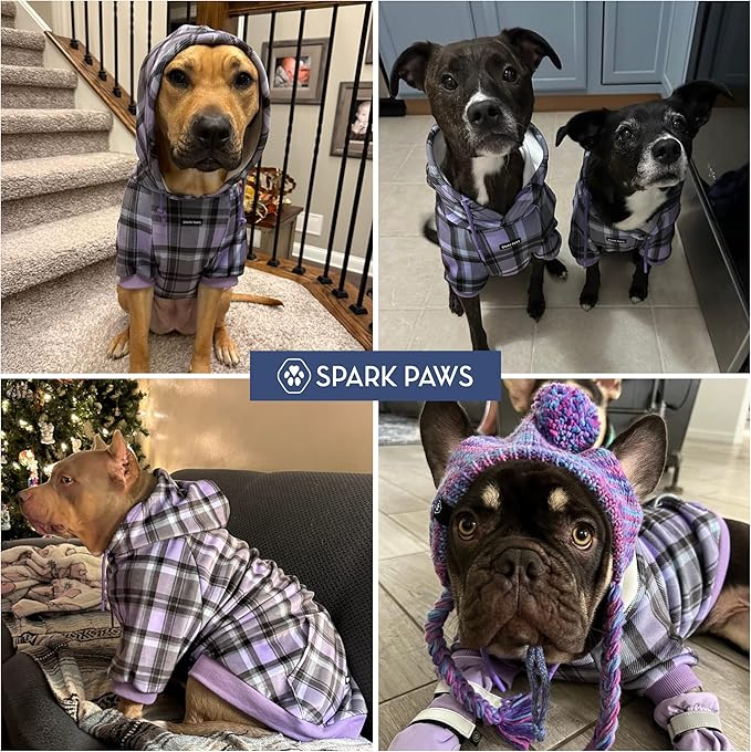Spark Paws Dog Hoodie – Premium Dog Sweater for Small, Medium, and Large Dogs | Warm Outfits for French Bulldogs, Pitbull, Puppy, Winter Jacket Alternative - Purple Plaid - 3XL