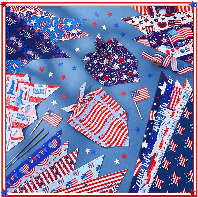 Huhumy 100 Pcs 4th of July Dog Bandanas Bulk 3 Sizes Dog Washable Bandana Adjustable Washable Patriotic Scarf for Small Medium Large Dogs, Independence Day Designs