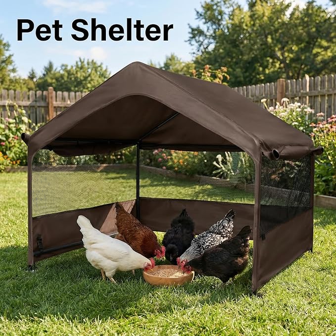 Dog Tent House Outdoor Shade 4'x4'x3' Shelter for Large Medium Pets,Outside Sun Rain Waterproof Canopy with Three-Sided Breathable Mesh Windows,Livestock House with Ground Nails,Brown
