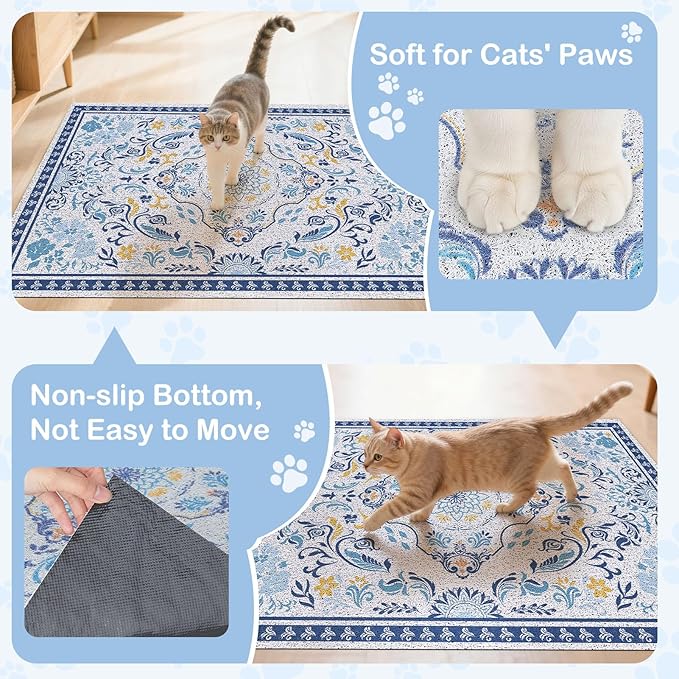 Cat Litter Mat Trapping Rug 33"x22", Large Litter Box Mat for Floor, Non-Slip Waterproof Backing, Soft Mesh Easy to Clean Pet Mat for Cat, Blue Yellow