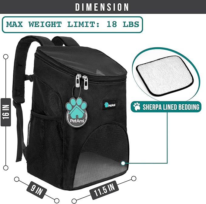 PetAmi Cat Backpack Carrier, Airline Approved Pet Carrier Backpack for Small Dogs and Large Cats, Soft Sided Collapsible Ventilated with Sherpa Bed for Hiking Travel, Max 18 lbs, Black
