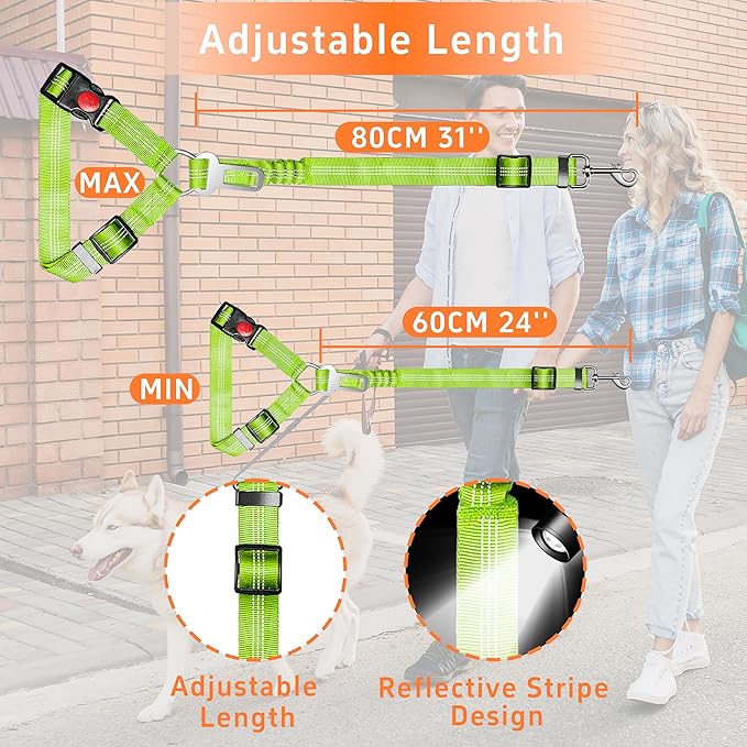 Seyezo Dog Car Seat Belt - 3 Piece Set Retractable Dog Harness with Adjustable Reflective Seatbelt for Vehicle Headrests - Heavy Duty & High Elastics - Green