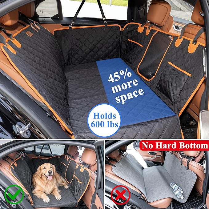 Hard Bottom Back Seat Extender for Dogs, Waterproof Dog Car Seat Cover with Joint-friendly Sponge Pad, 600 lbs Support Dog Hammock with Mesh Window, Universal Fits Sedan, SUV(Black & Orange)