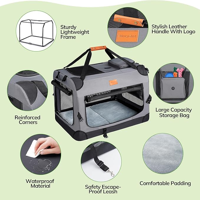 Morpilot 32-inch Portable Collapsible Dog Crate: Travel Dog Crate Soft-Sided for Medium Large Dogs up to 70lbs, with Foldable Bowl, Shoulder Strap & Storage Pockets, Grey