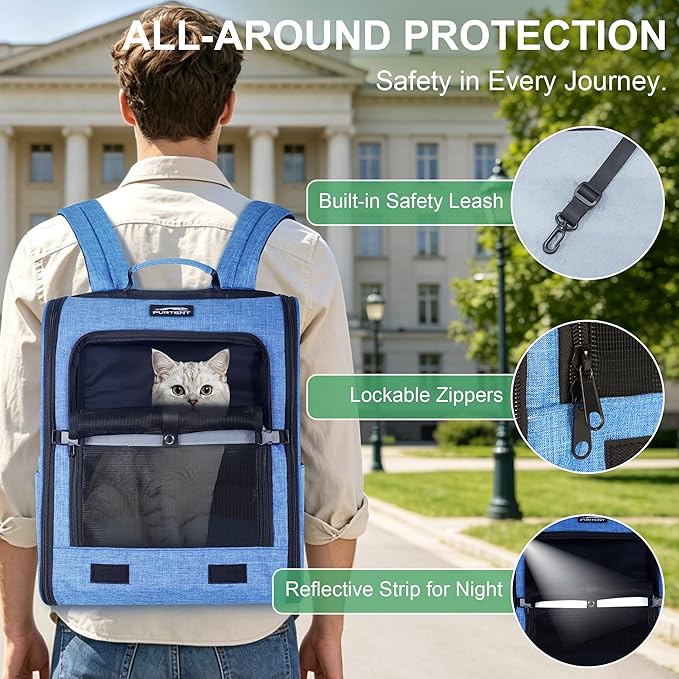 Cat Backpack Carrier with Ventilation Mesh and Safety Leash, Lightweight Dog Travel Backpack with Pockets, Reflective Strip, and Removable Mat,Hiking and Outdoor Use,Blue