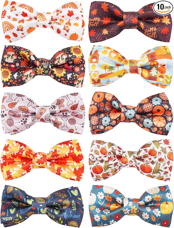 PET SHOW 10 Pack Fall Small Dog Bow Ties Sliding Collar Attachments Puppy Cats Autumn Bowties for Medium Dogs Pumpkin Maple Leaf Bowknots Holiday Party Pet Grooming Accessories(Small)