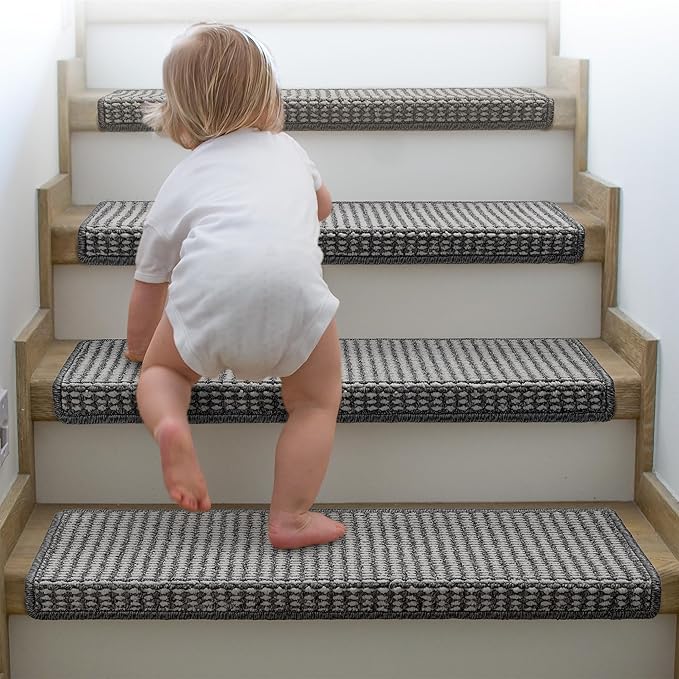 Brakki Bullnose Carpet Stair Treads, Stair Treads for Wooden Steps Indoor Runner and Pets, Non Slip Soft Edging Staircase Protectors, Washable, 29.5"x9.5"x1.5" 2pcs, Grey and Cream