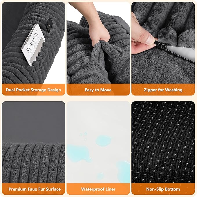 Human Dog Bed for Adult, Reversible Orthopedic Gel Memory Foam Cushion, Washable Corduroy Fleece, Plump Edge with Blanket, Storage Pocket, Strap, 71"x47.2"x9", Extra Large, Dark Grey