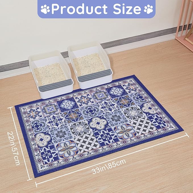 Cat Litter Mat Trapping Rug 33"x22", Large Litter Box Mat for Floor, Non-Slip Waterproof Backing, Soft Mesh Easy to Clean Pet Mat for Cat Blue