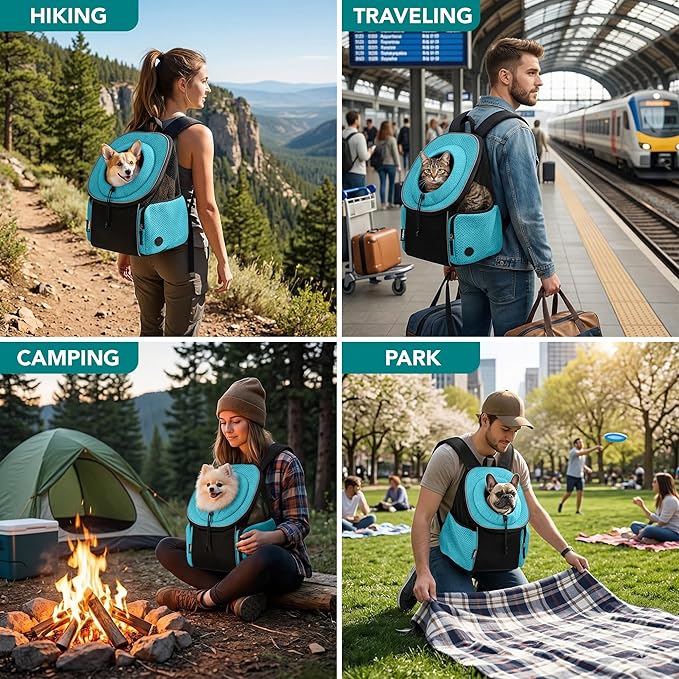 PetAmi Dog Carrier Backpack, Hands Free Front Pet Carrier for Small Cats Puppies, Adjustable Ventilated Reflective Pet Travel Bag for Hiking Camping Biking Walking, Up to 10 lbs, Teal Blue