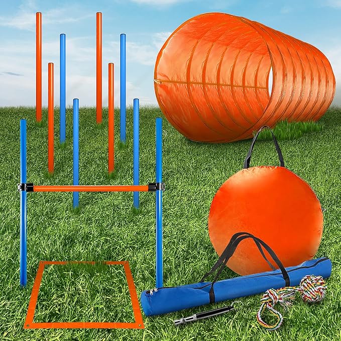 Dog Agility Equipment, 28 Piece Dog Obstacle Course for Training and Interactive Play Includes Dog Agility Tunnel, Adjustable Hurdles, Poles, Whistle, Rope Toy with Carrying Case