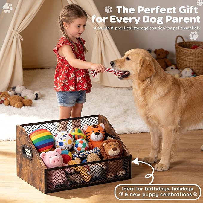 Piskyet Wood Dog Toy Basket,Dogs Storage Organizer,Dog Toy Box,Dogs Toys Bin,Large Cat Toys Basket Box for Living Room Area Wooden Organizing Storage(Rustic Brown)