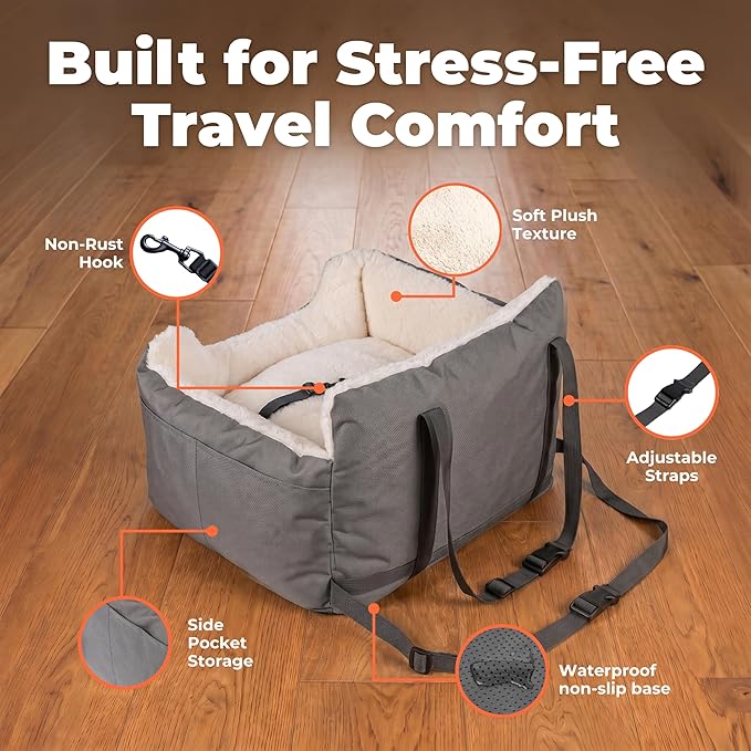Best Pet Supplies Elevated Dog Car Seat for Small Dogs, Booster Seat with Safety Tether & Storage, Washable Travel Pet Seat for Front or Back Seat, Up to 25 lbs - Gray - 21 x 20 x 14