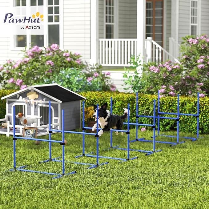 Pawhut Large Size Dog Agility Training Equipment 6KG Gross Wight, 6 PCS Adjustable Height Jump Bars, Obstacle Course Starter Kit for Large Medium Small Dog Puppy, Blue