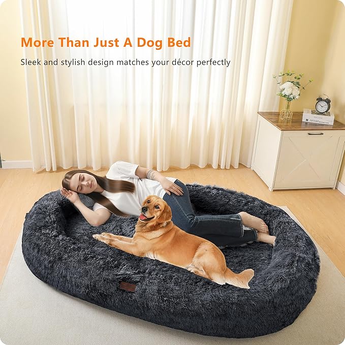 Human Dog Bed Fits Adult & Pets, Reversible Orthopedic Gel Memory Foam Cushion, Washable Long Plush, Plump Edge with Blanket, Storage Pocket, 71"x47.2"x9", Extra Large, Graphite Grey