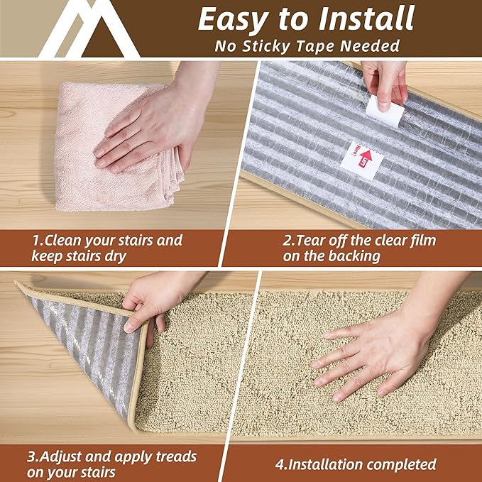COSY HOMEER Stair Treads for Wooden Steps 9"x28",Washable Non Slip Carpet Stair Treads with Reusable Residue Free Backing Soft Peel and Stick Stair Runner Rugs for Kids Elders Pets,Warm Beige,4pcs
