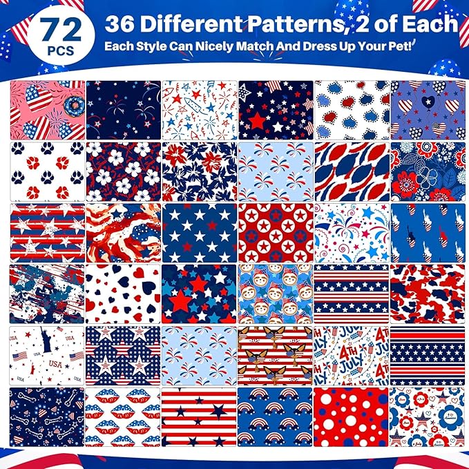 72 Pcs 4th of July Dog Bandanas Patriotic Dog Bandana Bulk Adjustable Washable Pet Triangle Scarf Soft Kerchief Bib for Independence Day Holiday Pet Costume Accessories