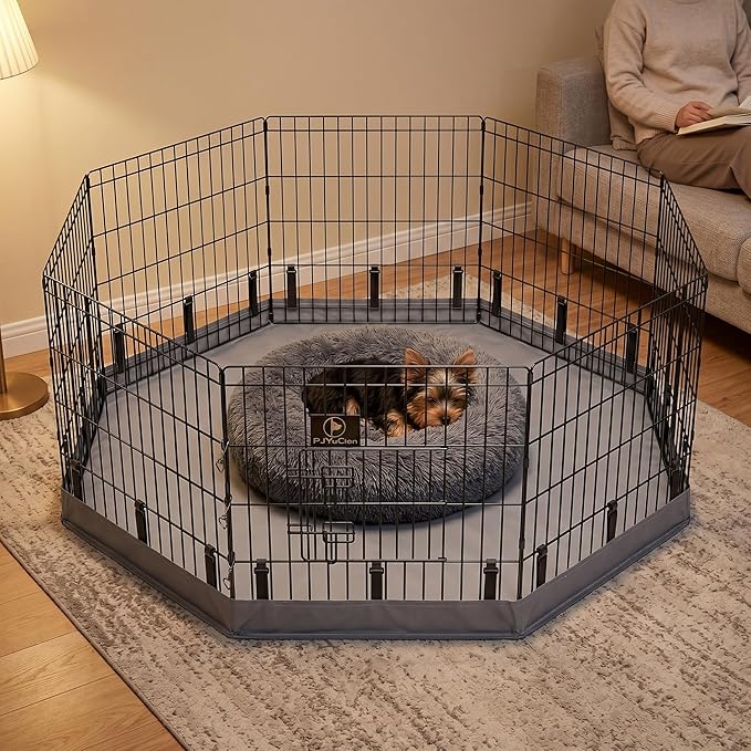 PJYuCien Octagonal Dog Playpen with Bottom Pad - Metal Foldable Exercise Pen, 8 Panels 24" H x 24" W Indoor Outdoor Pet Fence Puppy Crate Kennel, Gray
