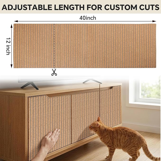 Self-Adhesive Cork Cat Scratcher Mat for Couch, 40x12 Inch Cut-to-Size Furniture Protector, No Mess Shed-Resistant Cat Scratch Pad, Removable Sticky Protector for Indoor Cats
