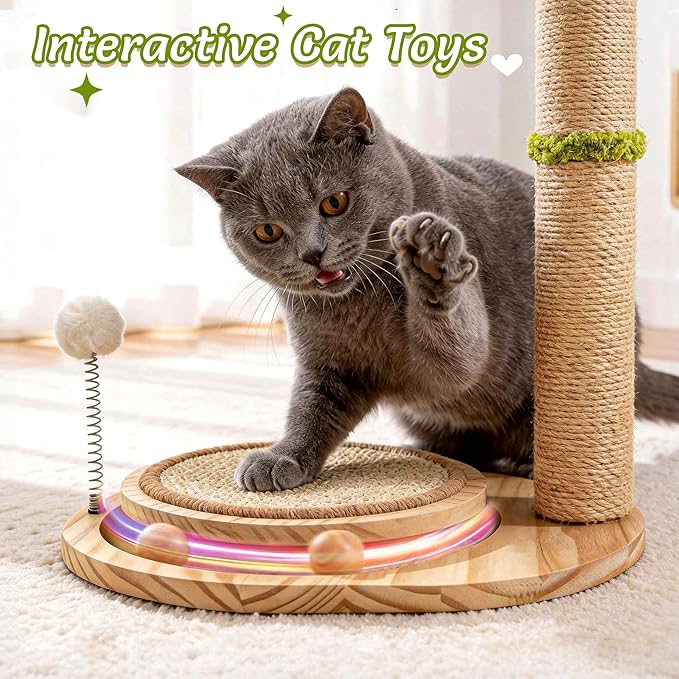 Cute Babys Breath Flower Cat Scratching Post, 39" Tall Cat Scratcher, Interactive Cat Toys with Ball Track & Spring Ball, Cat Scratch Post with Pad for Indoor Cats Adults and Kittens