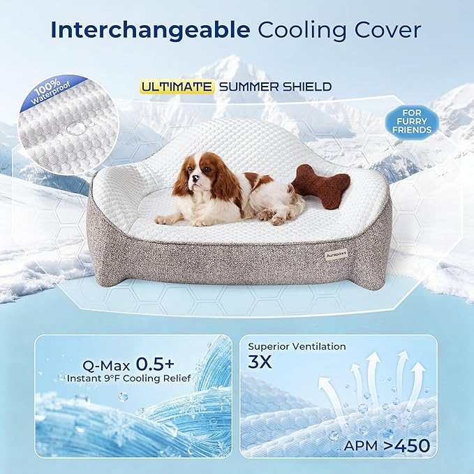 Orthopedic Dog Bed for Medium Small Dogs up to 120lbs, Extra Thick One-Piece Memory Foam Dog Bed, Never Sag Pet Sofa Couch with 3 Removable Washable Covers (Plush, Cooling, Leather) & Toy