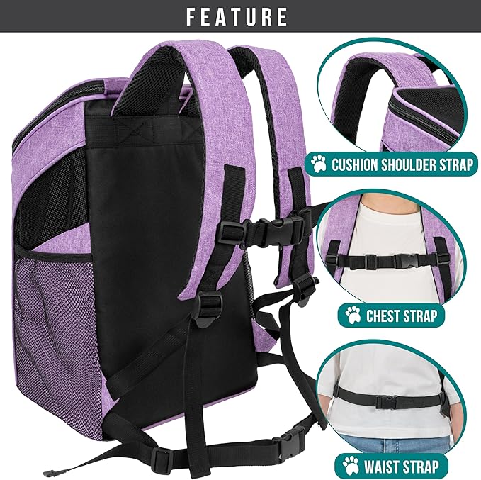 PetAmi Cat Backpack Carrier, Airline Approved Pet Carrier Backpack for Small Dogs and Large Cats, Soft Sided Collapsible Ventilated with Sherpa Bed for Hiking Travel, Max 18 lbs, Heather Purple