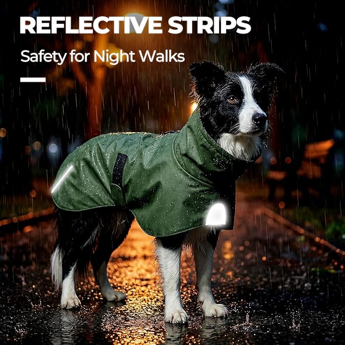 PU Dog Raincoat, Non-Toxic & Odorless Waterproof Vest, Adjustable High Neck and Hook & Loop Belly Closure for Rainy Potty Breaks & Wet Weather Outdoor Walks (Olive Green, XX-Large)