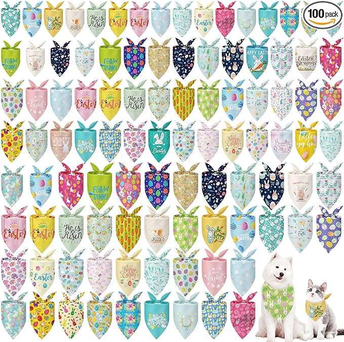 Huhumy 100 Pcs Spring Dog Bandanas Bulk in 3 Sizes, Washable Pastel Floral & Bunny Pet Scarf Bibs, Grooming Accessories Assortment for Small Medium Large Dogs